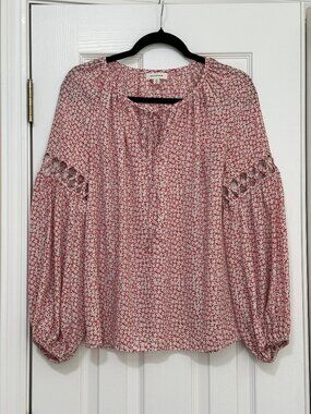 MAX STUDIO Floral Print Long Balloon Sleeve Peasant Blouse Orange White Size S
